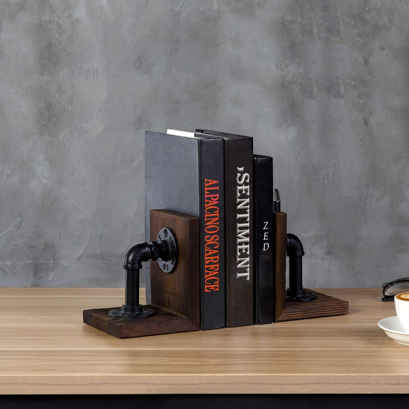 MyGift Dark Brown Industrial Pipe & Rustic Wood Bookends  Set of 2 - Image 3